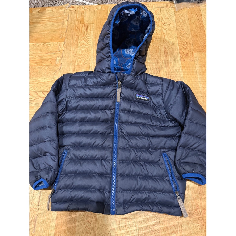 Patagonia Kids Reversible Down Sweater Hoody Navy Blue Armadillo Print Puffer